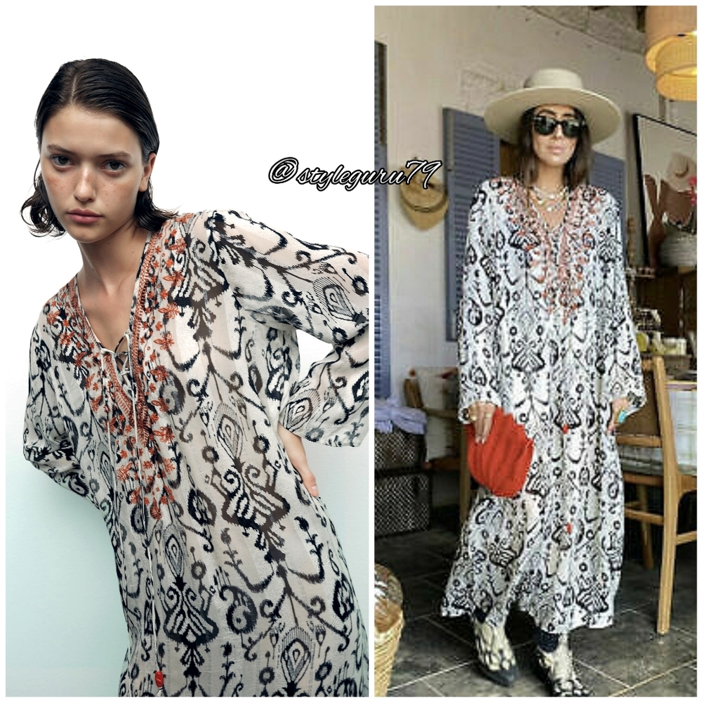 NWT, ZARA, EMBROIDERED TUNIC CAFTAN V NECK DRESS - Picture 5 of 5